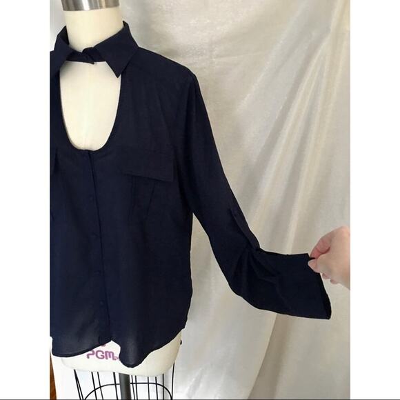 Double Zero Navy Blue Black High Low Semi Sheer Button Shirt M - Picture 4 of 10